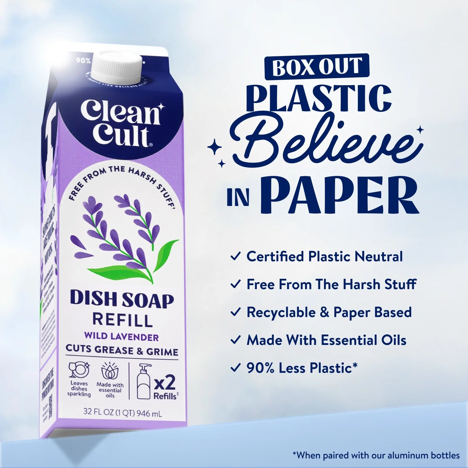 Cleancult Wild Lavender Dish Soap Refill – 32 Fl Oz | Grease-Fighting, Plant-Based, Non-Toxic, Eco-Friendly with Recyclable Packaging